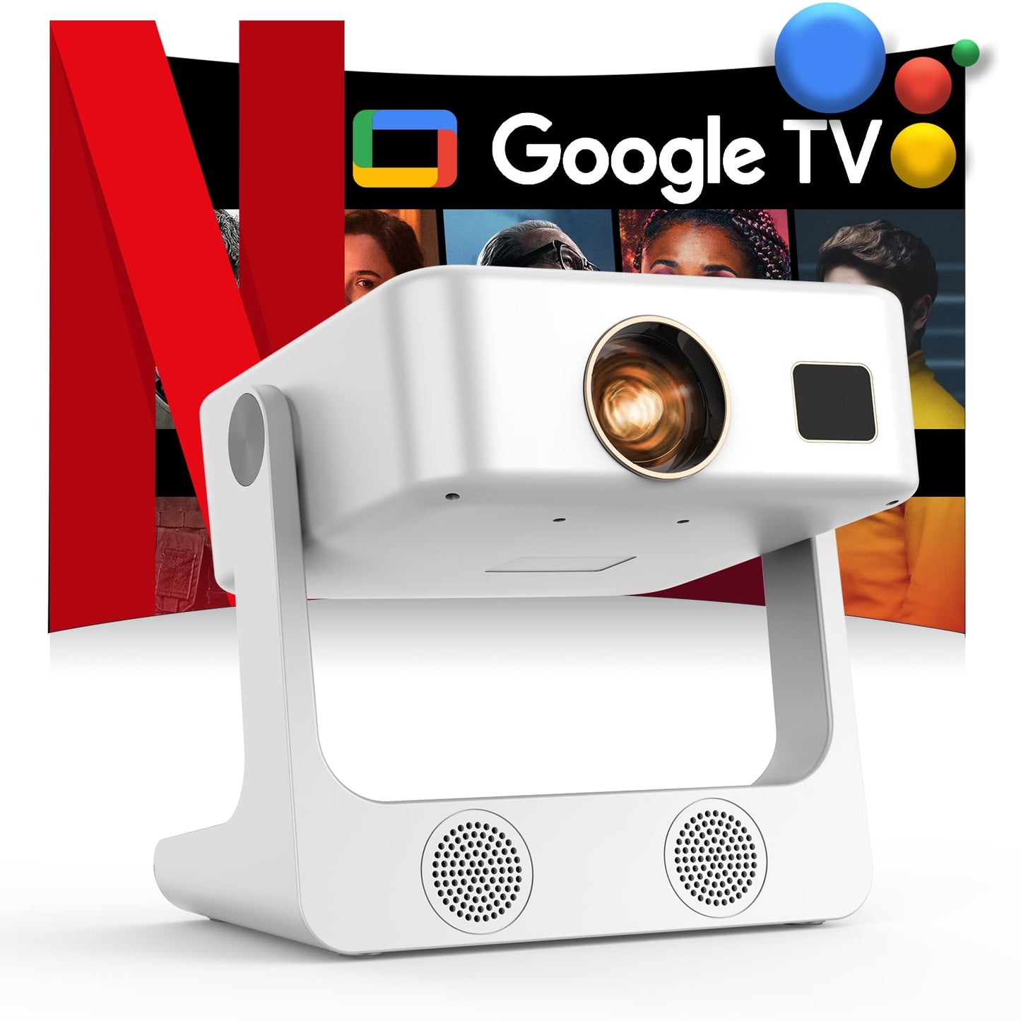 Outdoor-Projector-4K [1200 ANSI/Google TV/Voice Control] Smart Projector with WiFi 6 and Bluetooth, 10,000+ Apps, AI Focus Portable Proyector with Netflix, Sovbio 1080P Audio Movie Home [180° Stand]