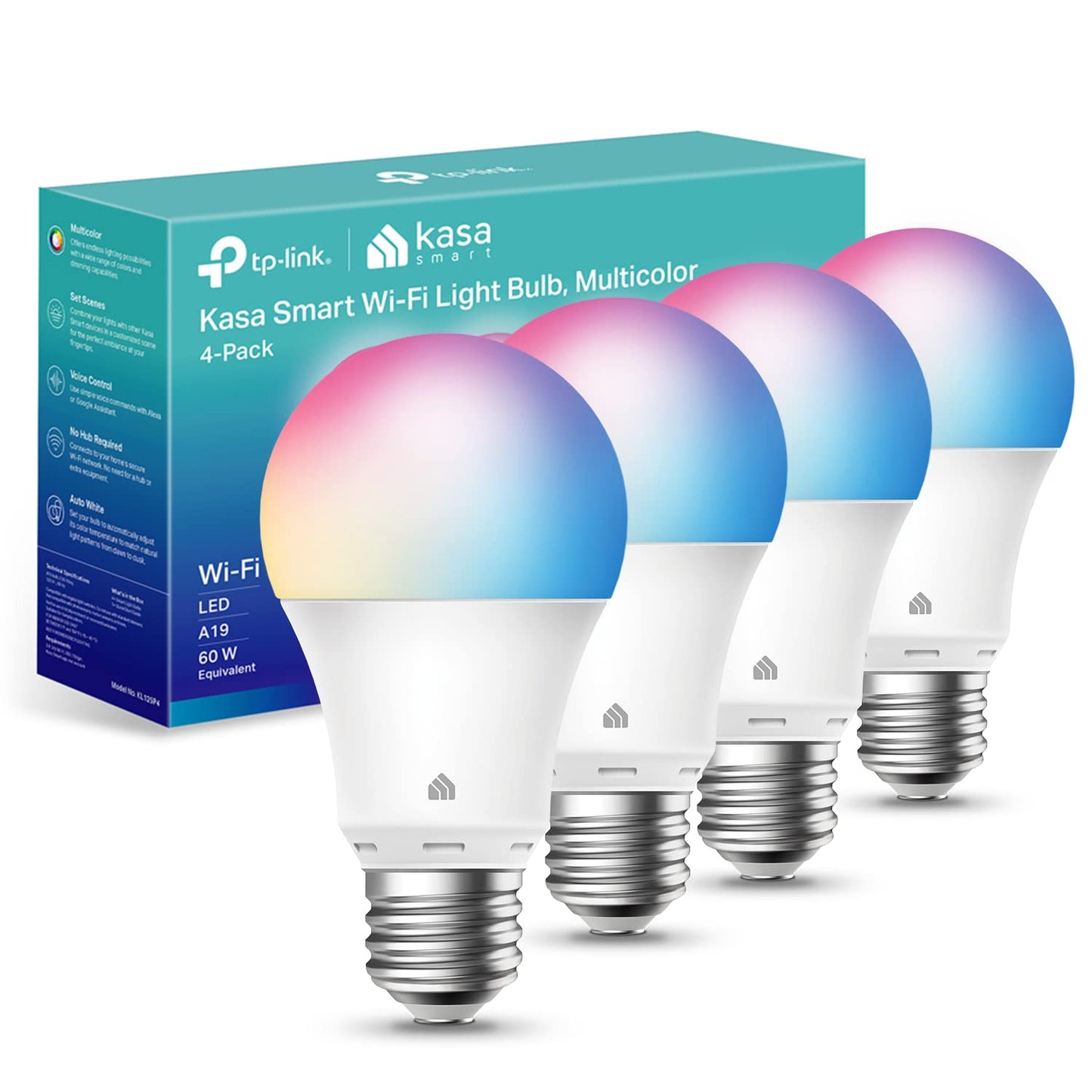 Kasa Smart Light Bulbs, Full Color Changing Dimmable Smart WiFi Bulbs Compatible with Alexa and Google Home, A19, 9W 800 Lumens,2.4Ghz only, No Hub Required, 4 Count (Pack of 1), Multicolor (KL125P4)