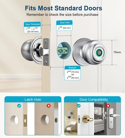 KLLOQUE Fingerprint Door Lock, Smart Fingerprint Door Knob with Lock, Biometric Door Locks with App Control & Key, Keyless Thumbprint Entry Door Locks for Bedroom, Front Door, Home, Apartment-Silver