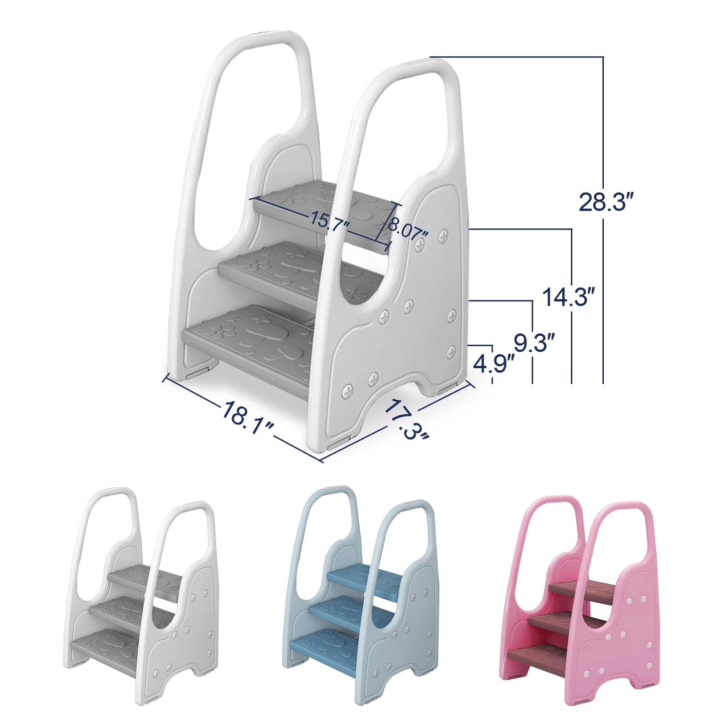 Toddler Step Stool for Bathroom Sink,Adjustable 3 Step Stool for Kids,Kitchen Standing Tower,Children Learning Helper Stool with Safety Handles and Non-Slip Pads,Grey