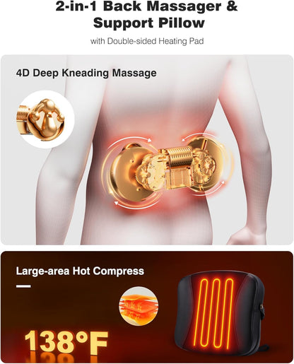 Back Massager with Heat - Shiatsu Neck Massager Deep Tissue 2-in-1 Kneading Chair Massage Pillow for Lower Back/Leg/Shoulder - Lumbar Support Pillow for Back Pain Relief - Gifts for Mom Dad Women