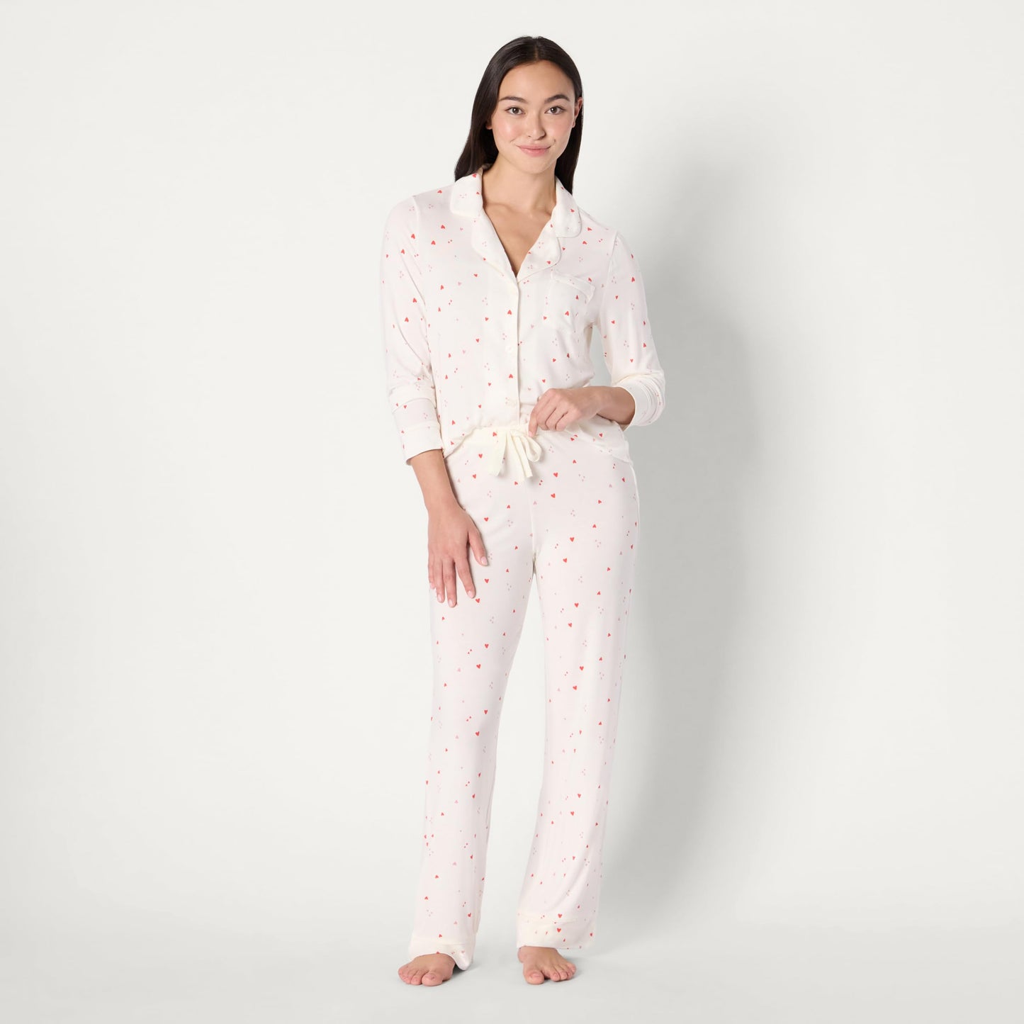 Amazon Essentials x Sofia Grainge Women's Stretch Modal Long-Sleeve and Full-Length Bottom Pajama Set, Ivory Multi Hearts, Medium