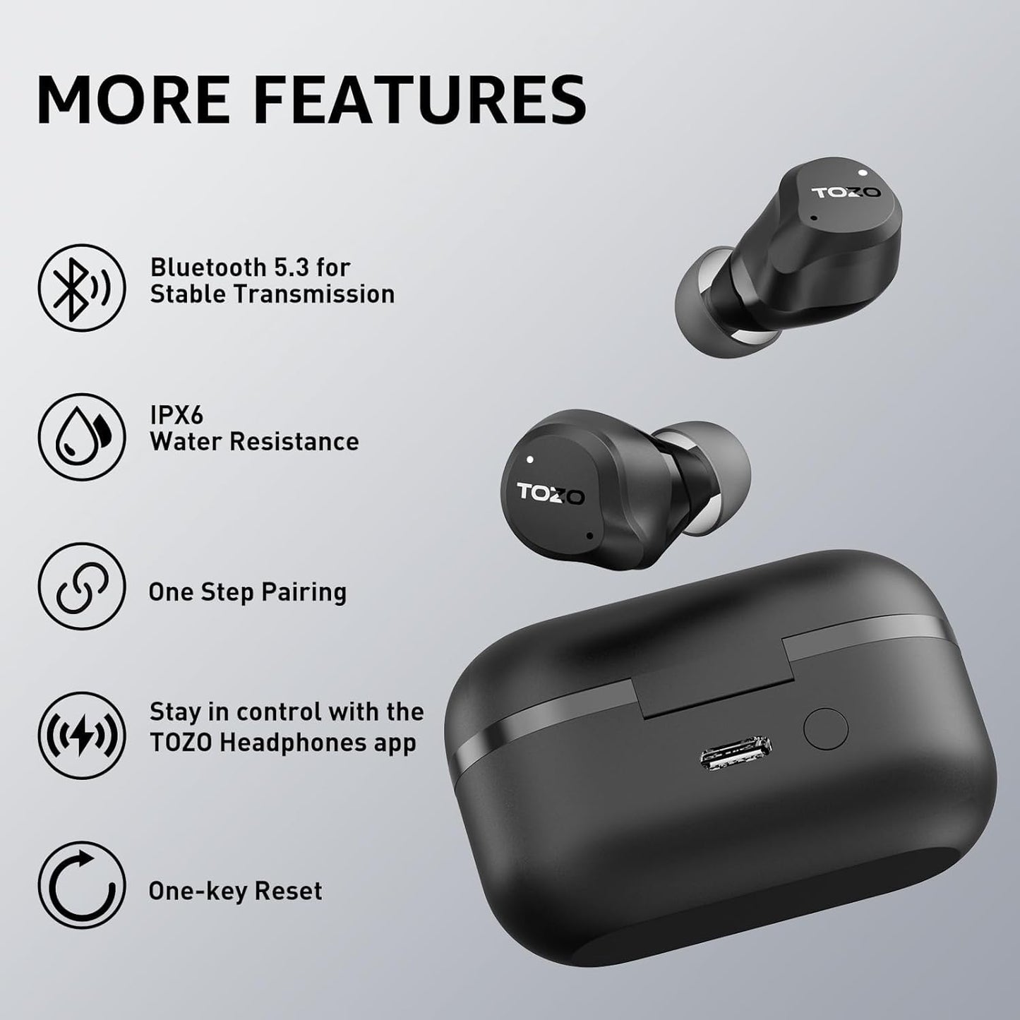 TOZO Hybrid Active Noise Cancelling Wireless Earbuds, 6 Mics ENC Clear Call, IPX8 Waterproof, in Ear Bluetooth 5.3 Headphones Stereo Bass Ear Buds 59H Playtime with LED Display 32 EQs via APP