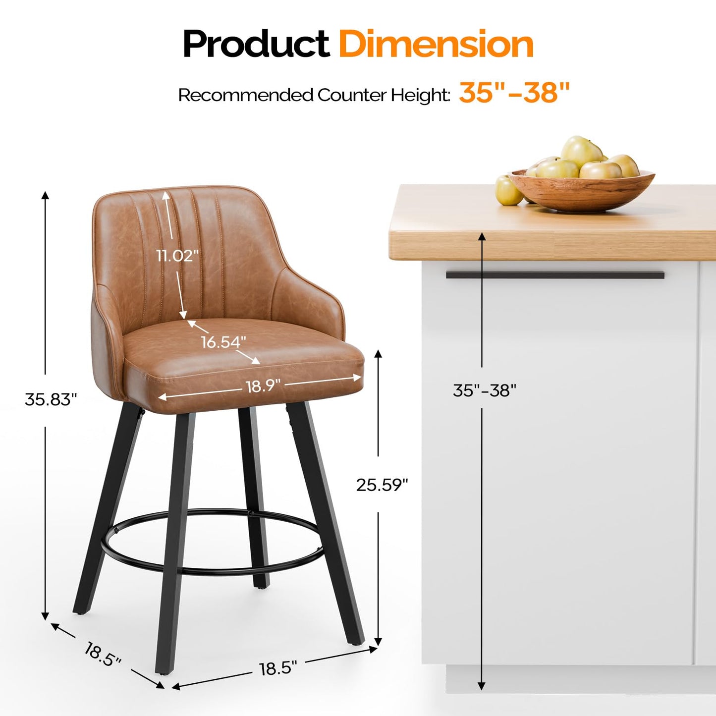 VINGLI 26" H Swivel Barstools Set of 4, PU Leather Upholstered Counter Stool with Back, Kitchen High Chairs Counter Height Bar stools with Cushion, Solid Wood Legs, Brown