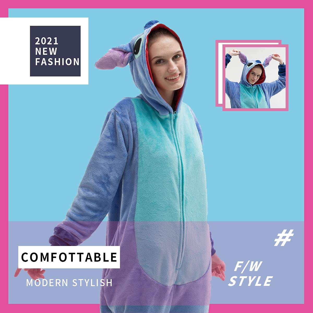 COSUSKET Snug Fit Unisex Adult Onesie Pajamas, Flannel Cosplay Animal One Piece Halloween Costume Sleepwear Homewear Light Blue