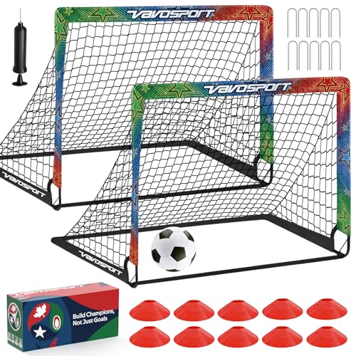 VAVOSPORT Kids Soccer Goals for Backyard Set, 2 Pack Portable Pop Up Soccer Goal with Soccer Net, Size 3 Soccer Ball, Pump, 10 Cones and Carry Bag, Toddler Soccer Training Equipment for Outdoor Games