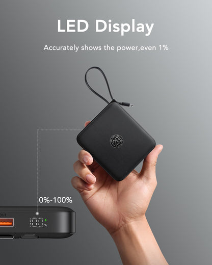 VRURC Portable Charger with Built-in Cable, 10000mAh 22.5W Fast Charging USB C Battery Pack, Cell Phone Power Bank for iPhone 17 16 15 Samsung Galaxy S25 S24 S23 Series Android Tablet, Black(1 Pack)