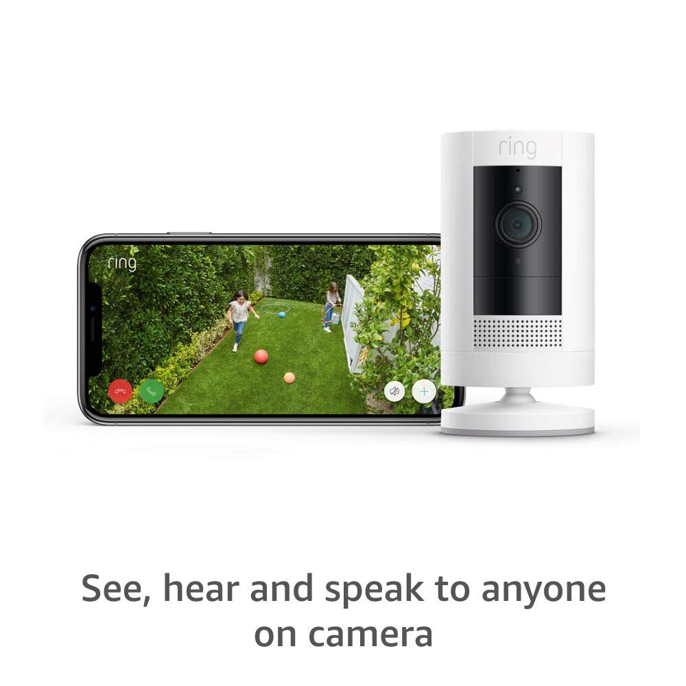 Like-New Ring Stick Up Cam Battery HD security camera with custom privacy controls, Simple setup, Works with Alexa - White