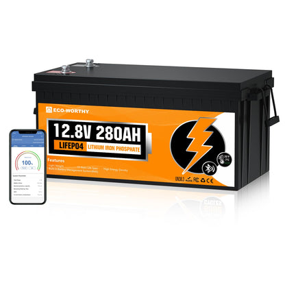 ECO-WORTHY 12V 280AH LiFePO4 Lithium Battery with Bluetooth, Low Temp Protection, Built-in 200A BMS, 3584Wh Energy. Perfect for Off-Grid, RV, Solar System, Camper, Travel Trailer, Backup System
