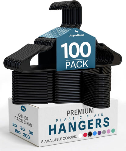 Utopia Home Plastic Hangers 100 Pack - Perfect Space Saving Clothes Hanger - Durable and Strong - Perfect Closet Organizers with Shoulder Grooves (Black)