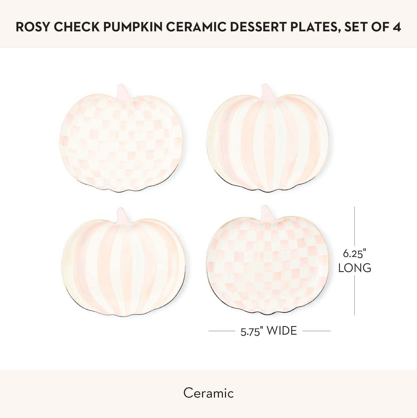 MACKENZIE-CHILDS Set of 4 Ceramic Dessert Plates, Decorative Dishes, Pumpkin, Pink-and-White Rosy Check