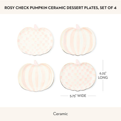 MACKENZIE-CHILDS Set of 4 Ceramic Dessert Plates, Decorative Dishes, Pumpkin, Pink-and-White Rosy Check