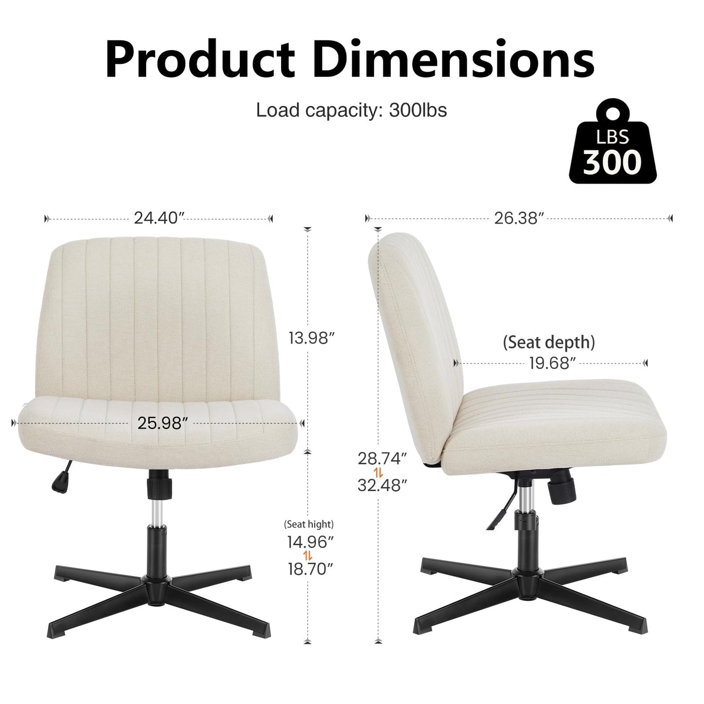 DUMOS Criss Cross Chair Legged Office Wide Comfy Desk Seat, No Wheels Armless Computer Task Seating, Swivel Comfy Vanity Fabric Modern Home Height Adjustable