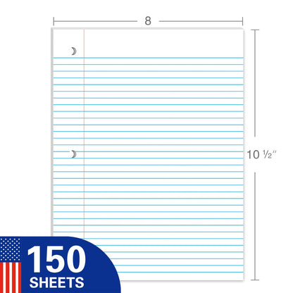 WritePads Notebook Paper College Ruled Loose Leaf Paper, Standard 8"x10-1/2",3 Hole Punched Binder Paper For 3 Ring Binder,150 Sheets/Pack, 4 Pack, White, MADE IN USA