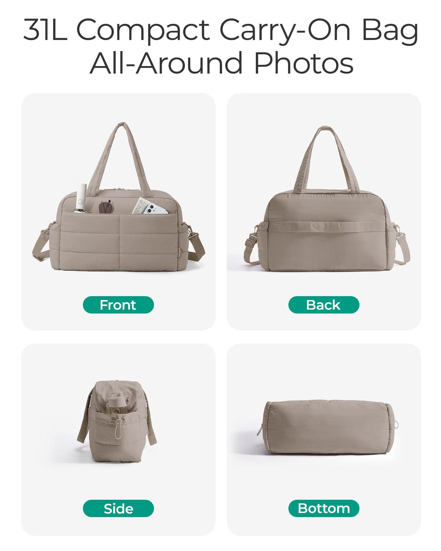 BAGSMART Gym Bag for Women with Toiletry Pouch, Lightweight Weekender Bags for Women with Wet Pocket, 31L Quilted Travel Duffle Carry On Bag, Weekender Overnight Bag for Travel,Water Resistant, Camel