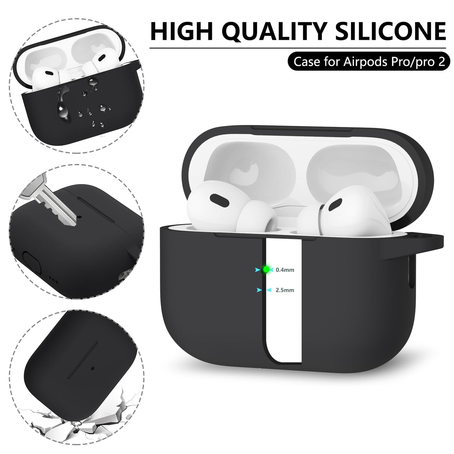 Ljusmicker AirPods Pro Case Cover with Cleaner Kit,Soft Silicone Protective Case for Apple AirPod Pro 2nd/1st Generation Case for Women Men,AirPods Pro 2/Pro Case Accessories with Keychain-Black