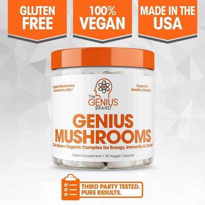 Genius Mushroom Supplement - Lions Mane, Cordyceps, Reishi - Brain Nootropic for Energy, Focus, Overall Wellness, & Immune Support - 90 Capsules