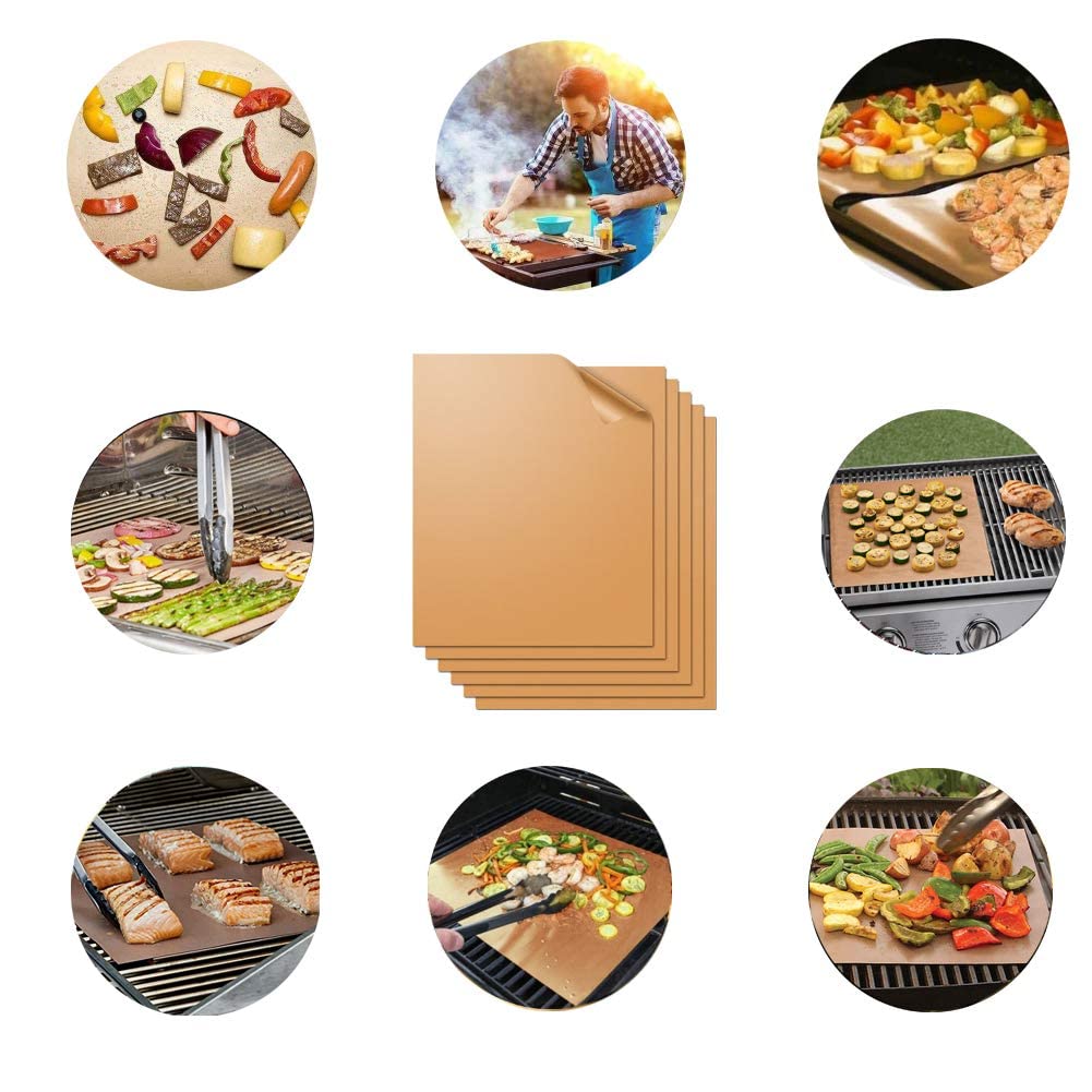 WIBIMEN Grill Mats for Ourdoor Grill, Set of 7 Copper Grill Mat 100% PFOA Free Non-Stick 15.75 x 13", Heavy Duty, Resuable and Easy to Clean, Works on Gas Charcoal and Electric BBQ (7pcs) (Copper)