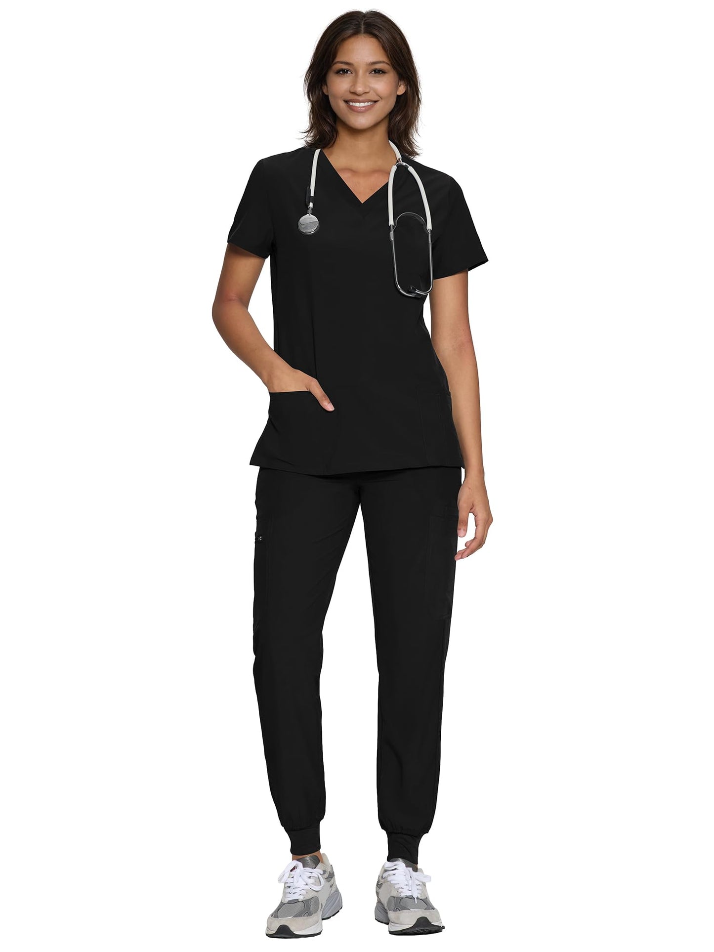 floralhue Scrubs for Women, Women's Medical Scrub Sets, V-Neck Scrubs Top & Cargo Pants with 12 Pockets, Black, M