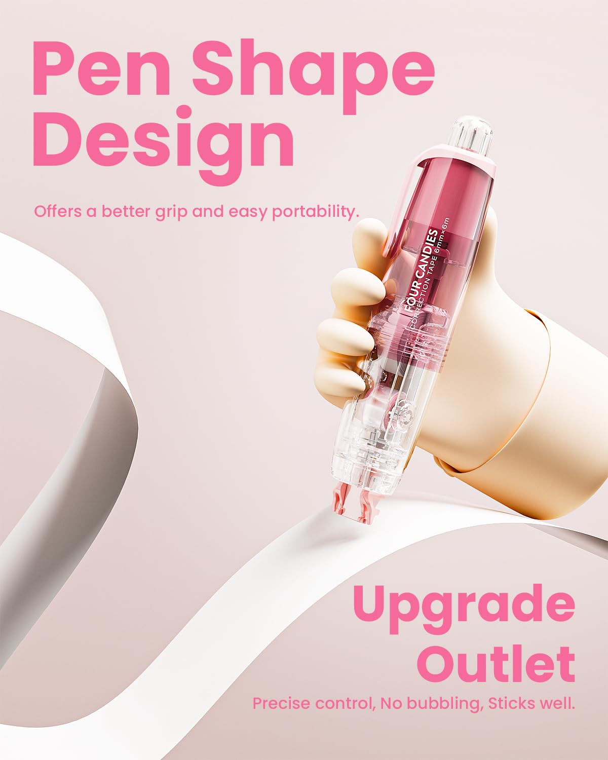 Four Candies Refillable Retractable White Correction Tape, 2PCS White Cute Smooth Push Pull Out Tape with 4 Extra Refills, Aesthetic Pen Shaped Applicator for School Office Supplies (Pink Apricot)