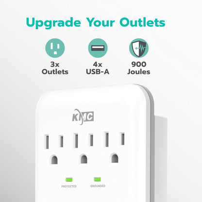 KMC 3-Outlet Wall Mount Surge Protector, 900 Joules, 4 USB 4.8 AMP USB Charging Ports, Phone Holder Cradle for Home, School or Office, ETL Certified (2 Pack)