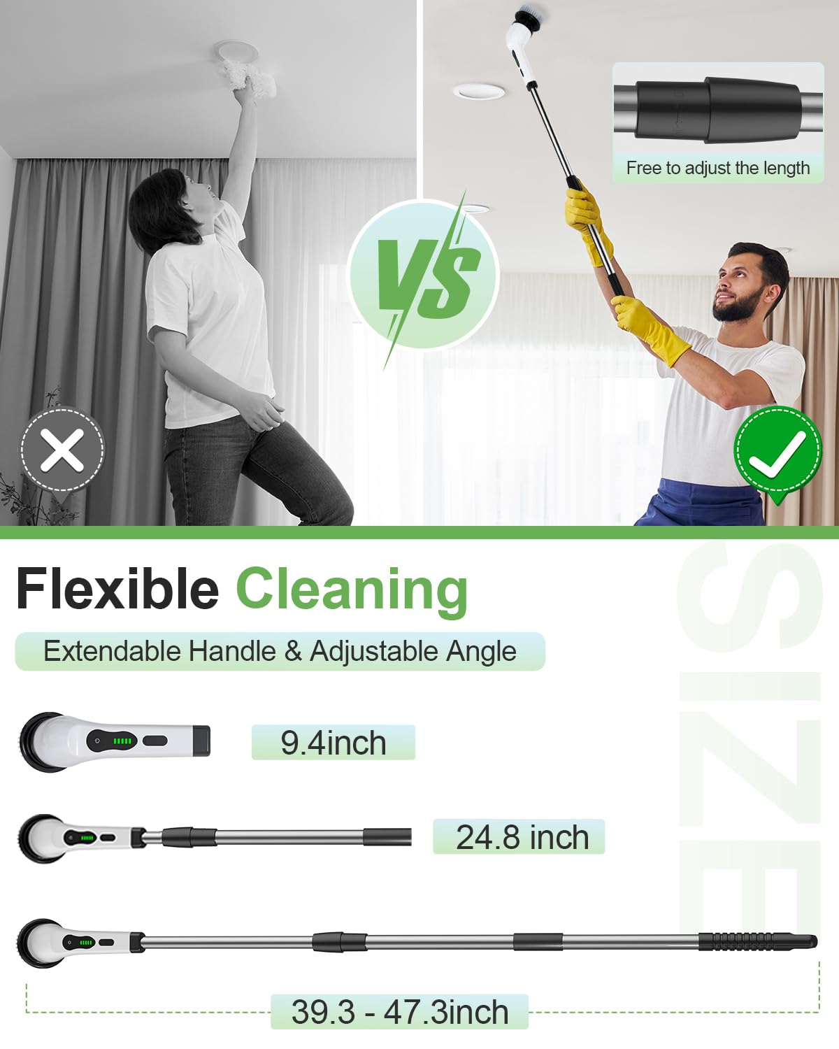 Electric Spin Scrubber, Cordless Bathroom Shower Cleaner, Cleaning Brush with 9 Brush Heads 2H Power Dual Speed, Adjustable Extension Handle, IPX7 Waterproof for Tub Tile Floor Car, CA3-White