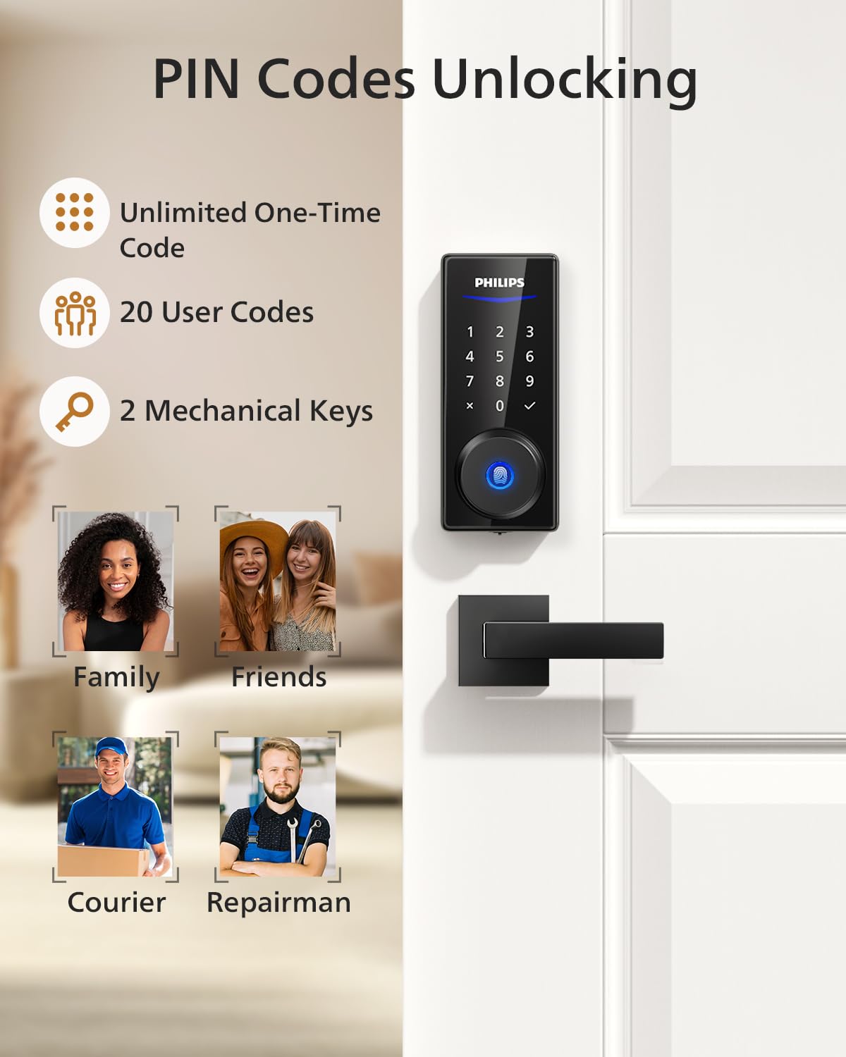 Philips Fingerprint Door Lock with 2 Lever Handles Set, Keyless Entry Door Lock with Handles, Electronic Door Lock Set with Code, Door Lock Set for Front Door,Auto Lock, Touchscreen Keypad with Key