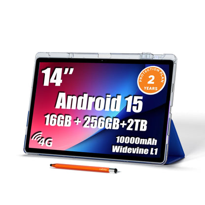 14 inch Large Screen Tablet, Android 15 Tablet 16GB RAM 256GB ROM, 1920*1200 IPS FHD Display, Widevine L1, 10000mAh 18W Charging, Wi-Fi & Bluetooth, 4G LTE, with Stand Case & Stylus, 2-Year Protection