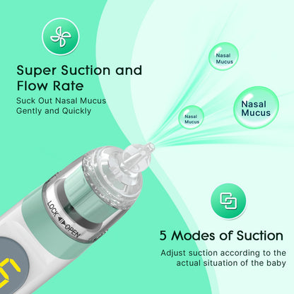 Electric Nasal Aspirator for Baby, Nose Aspirator for Toddlers, Waterproof Baby Nose Sucker, Nose Cleaner with 3 Silicone Tips, Adjustable Suction Level, Music and Light Soothing Function,Green