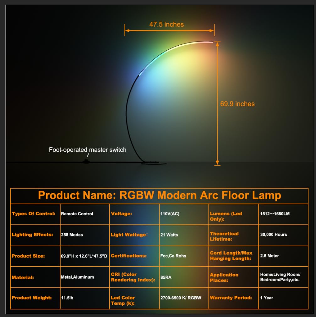 E.P. Light RGBW Modern 69.99 inch Arched Standing Reading Floor Lamp with Remote - Dimmable Black Led Color Changing Curved Ambient Lighting for Bedroom and Living Room