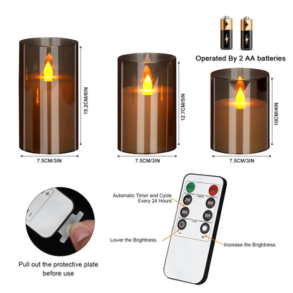 Flameless LED Candles with Remote Set of 3 Battery-Operated Acrylic Gray Pillars, 4", 5", 6" x 3" Diameter Flickering Effect with Timer Ideal for Home Décor Weddings Parties, Restaurants