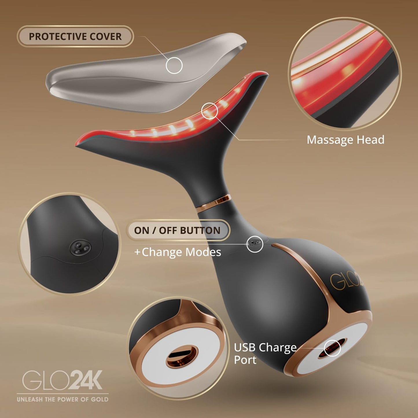 GLO24K Red Light Face & Neck Beauty Device – 3-in-1 Facial Massager Tool with LED & Vibration for Skin Revitalization and Neck Firming