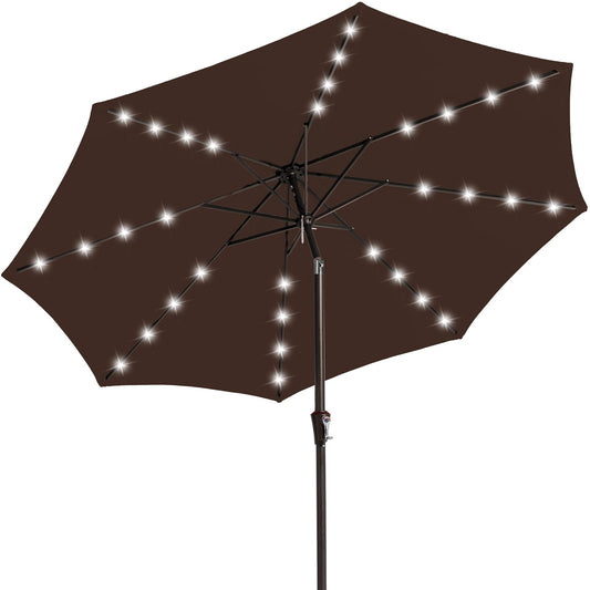 JEAREY Upgrade 9FT LED Lighted Patio Umbrella, Solar Outdoor Umbrella, Tilt Table Umbrella for Pool, Deck & Yard(Brown)