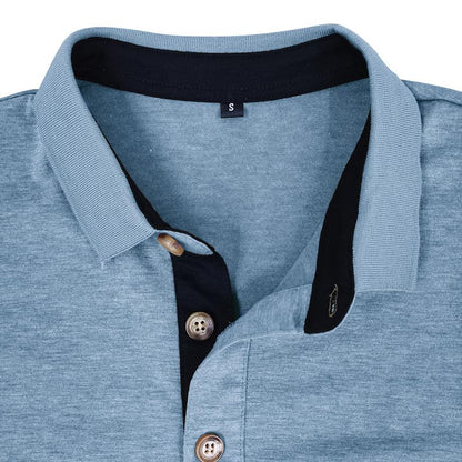 Men's Casual Polo Shirts Classic Button Basic Long Sleeve Shirt Solid Color Cotton Tees Stylish Tops Blue