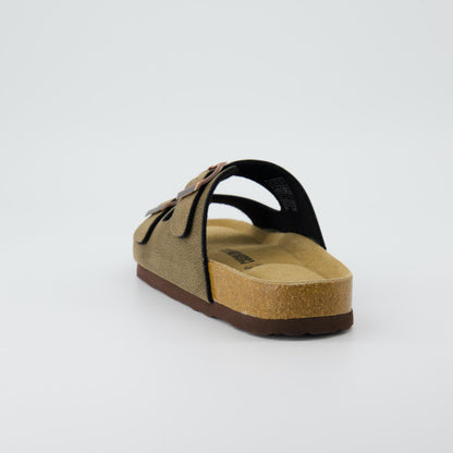 CUSHIONAIRE Lane Cork Footbed Sandals for Women – Comfortable Double Buckle Slip-On with Genuine Suede Footbed & Arch Support Slides for Women Footwear, BROWN 7
