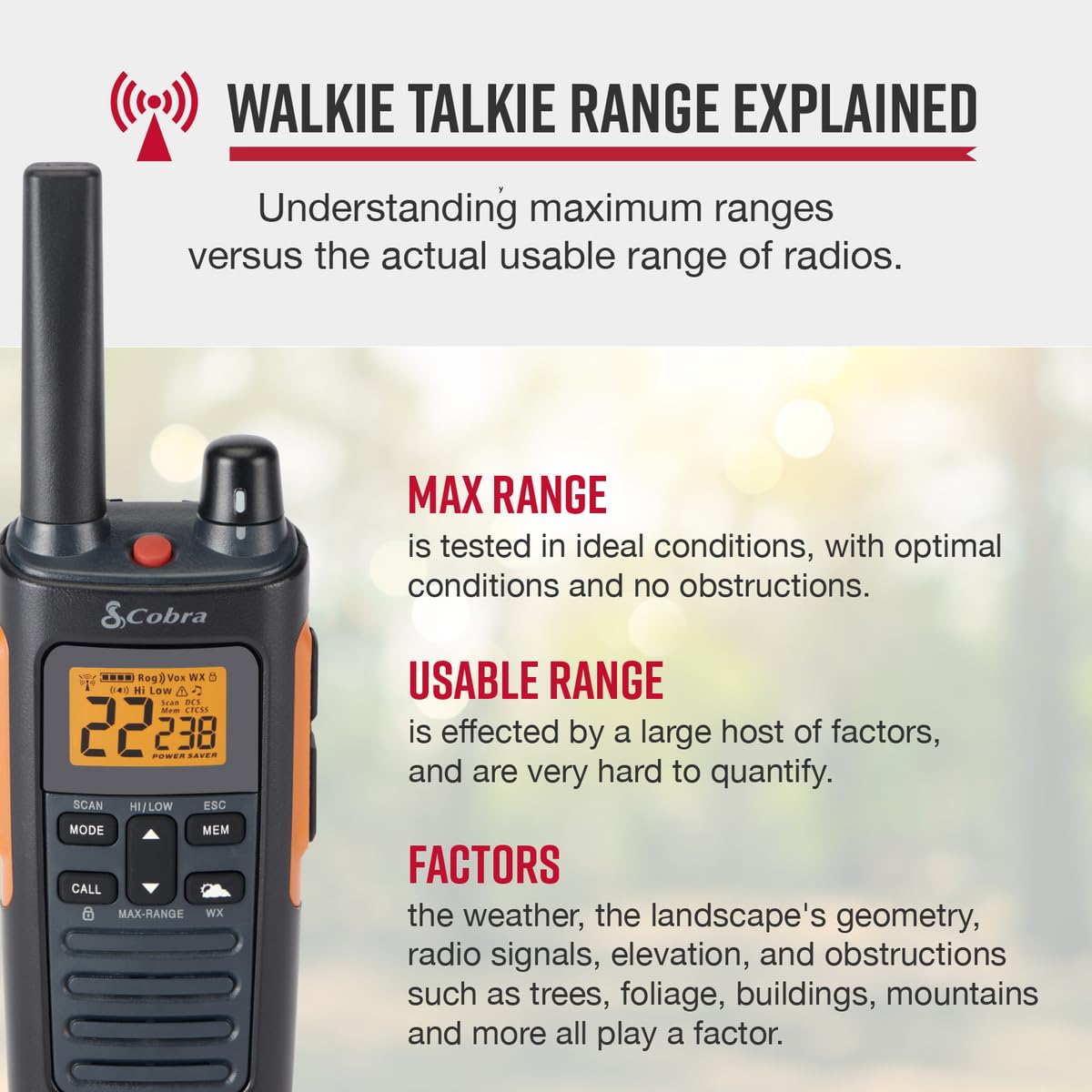 Cobra RX680 Waterproof Walkie Talkies for Adults - Rechargeable, 60 Preset Channels, Long Range 38-Mile Two-Way Radio Set (2-Pack),Black and Orange