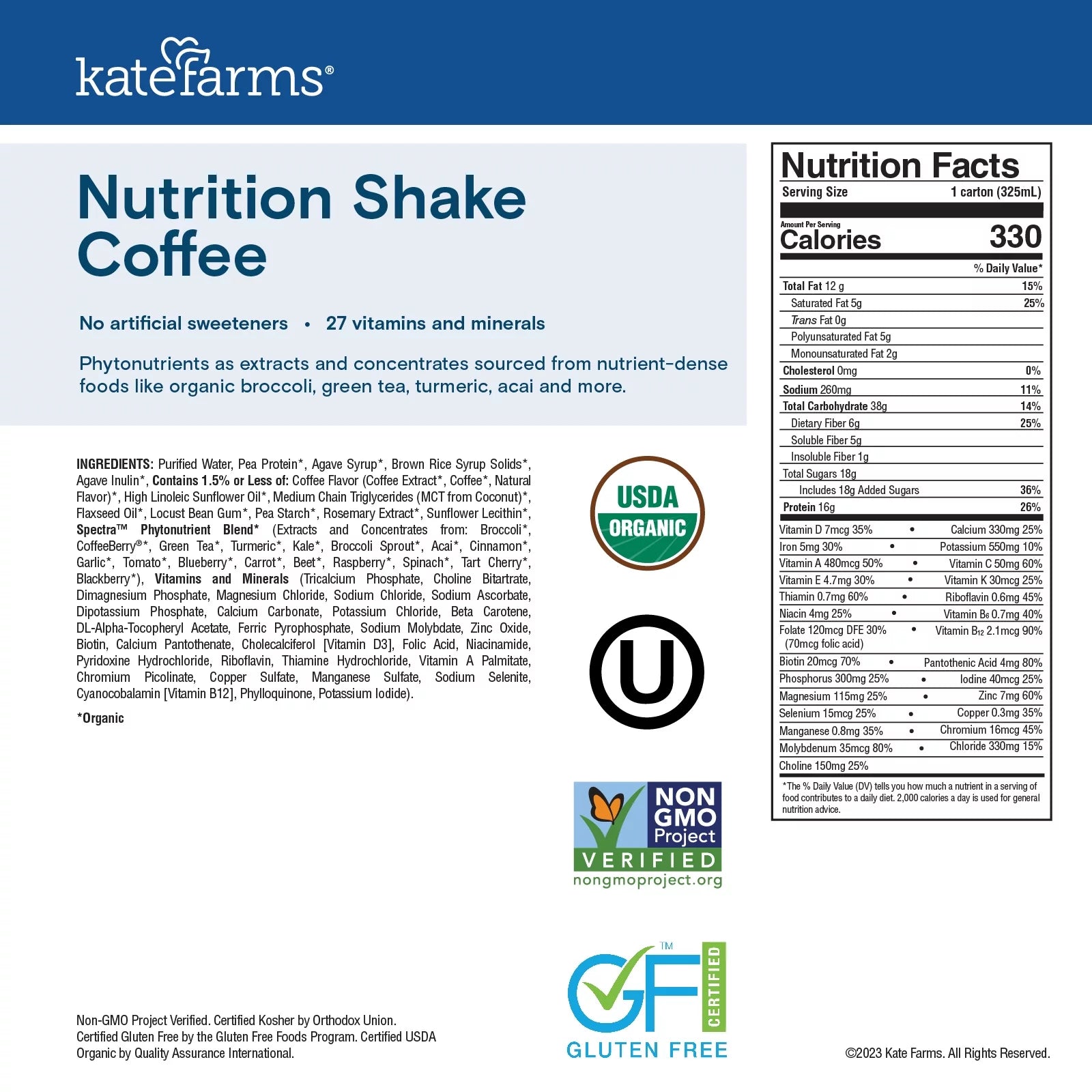 Kate Farms Organic Vegan Nutrition Shake, Coffee, 16g Protein, 27 Vitamins and Minerals, Meal Replacement Drinks, Protein Shake, 11 fl oz (12 Pack)