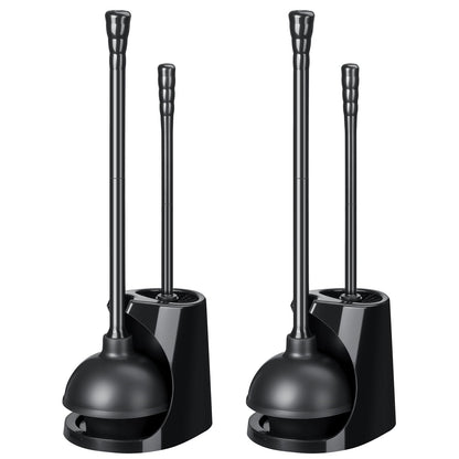 Qaestfy Toilet Plunger and Brush Set for Bathroom Cleaning, 2-in-1 Long Handle Toilet Bowl Brush with Stiff Bristles & Powerful Plunger, Space-Saving Holder (Pack of 2)
