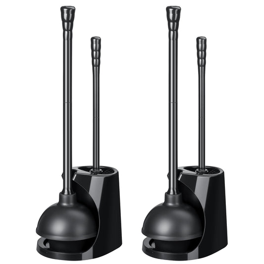 Qaestfy Toilet Plunger and Brush Set for Bathroom Cleaning, 2-in-1 Long Handle Toilet Bowl Brush with Stiff Bristles & Powerful Plunger, Space-Saving Holder (Pack of 2)