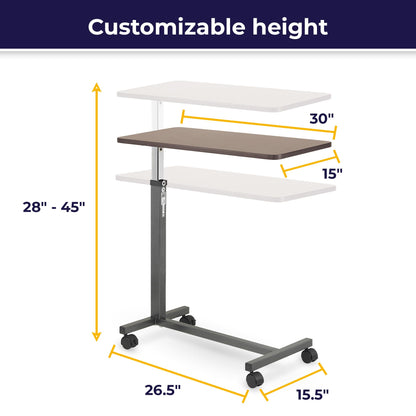 Drive Medical 13067 Non Tilt Top Overbed Table with Wheels and Secure Height Adjustment,Tray Table for Hospital or Home Use, Bedside Rolling Overbed Table, Silver Vein