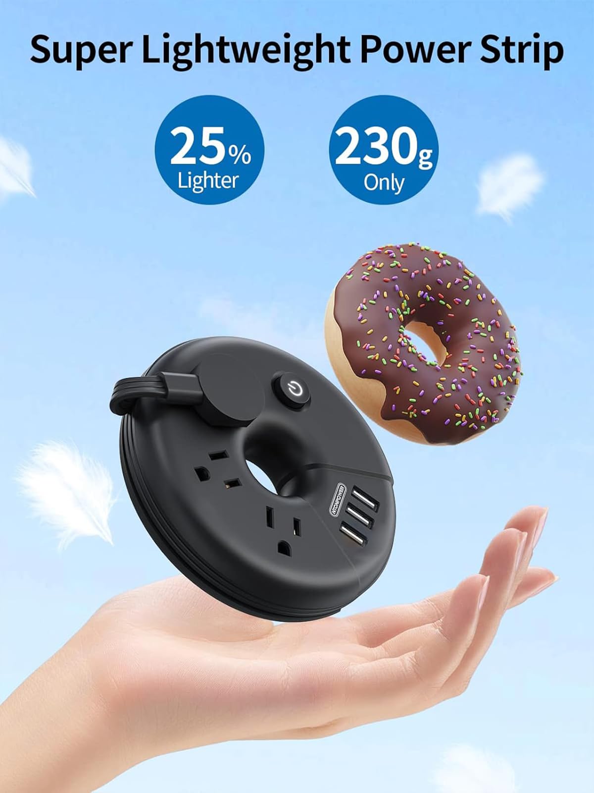 NTONPOWER Travel Power Strip With 3 USB Ports, Cruise Approved Flat Plug, 3Feet Extension Cord, On/Off Switch, Black i-Donut for Home, Hotel, Travel Cruise Ship Essentials