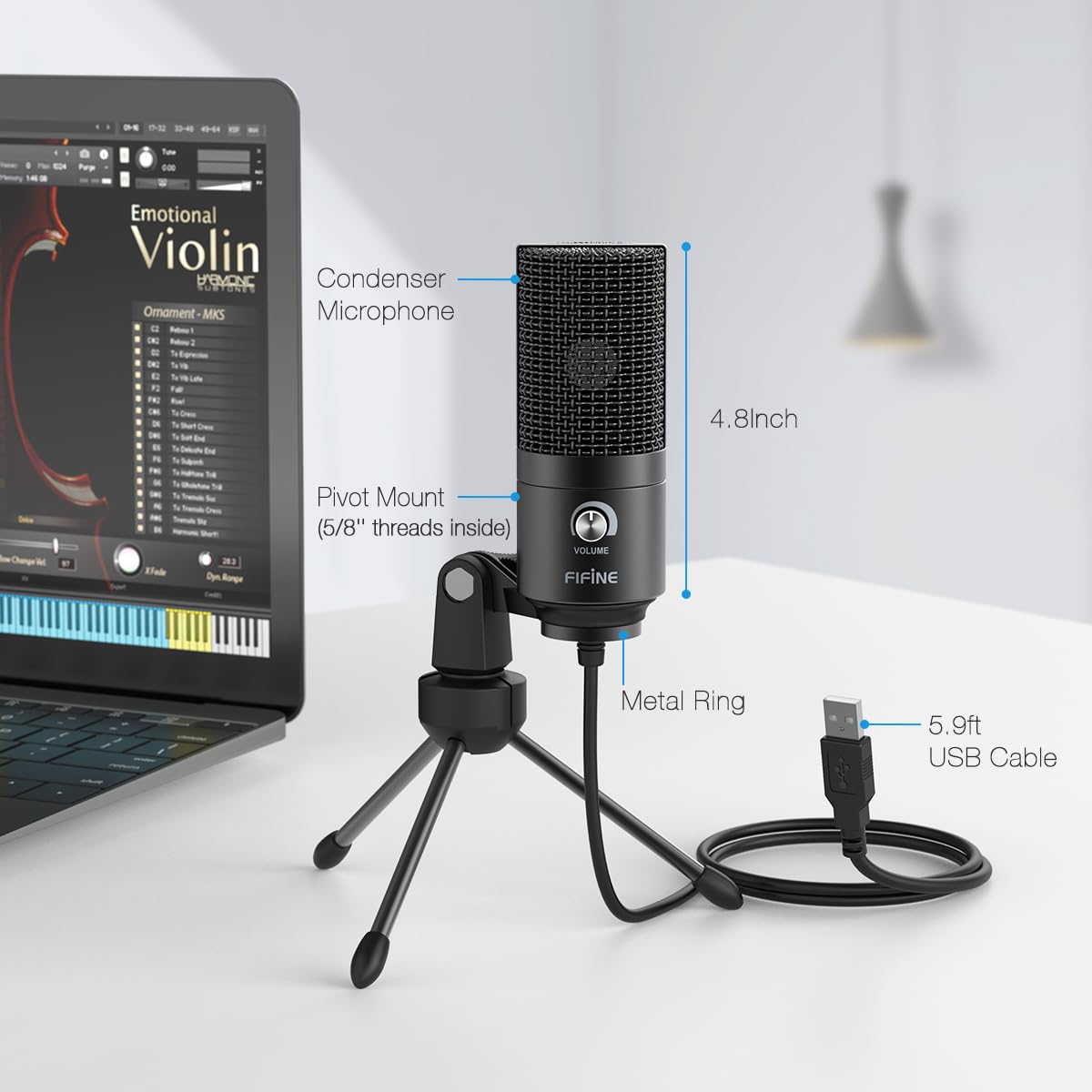 FIFINE USB Microphone, Metal Condenser Recording Microphone for Laptop MAC or Windows Cardioid Studio Recording Vocals, Voice Overs,Streaming Broadcast and YouTube Videos-K669B