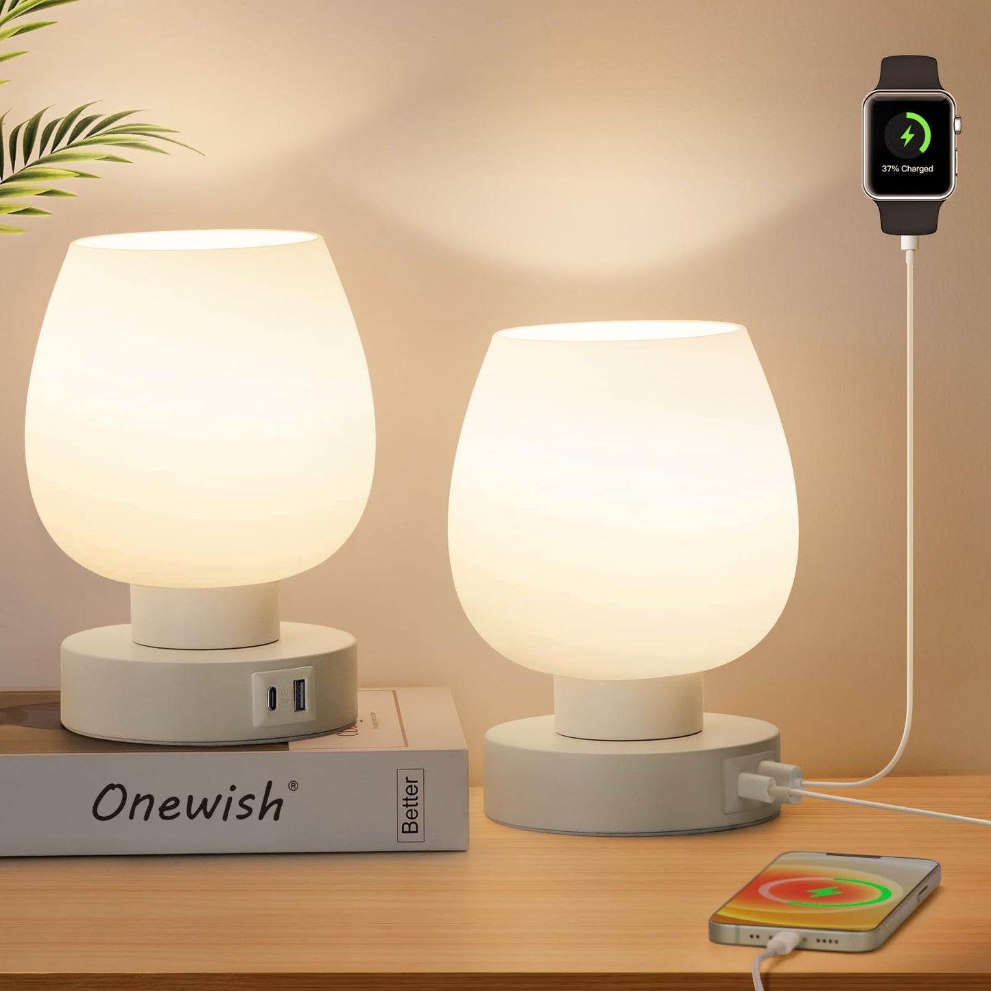 Touch Bedside Table Lamp Set of 2 - Small Modern Nightstand Lamp for Bedroom with USB C+A Charging Ports, 3-Way Dimable Desk lamp with White Opal Glass Lamp Shade, 3000K LED Bulb, Simple Design