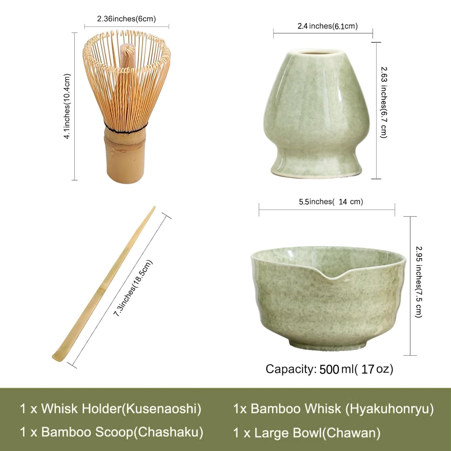 Ochcahser Matcha Set, Japanese Tea Set Includes Matcha Bowl with Spout, Matcha Whisk Holder, Bamboo Matcha Whisk and Bamboo Scoop, 17 oz Mottled Tea Green Glaze Ceramic Matcha Kit for Tea Lovers