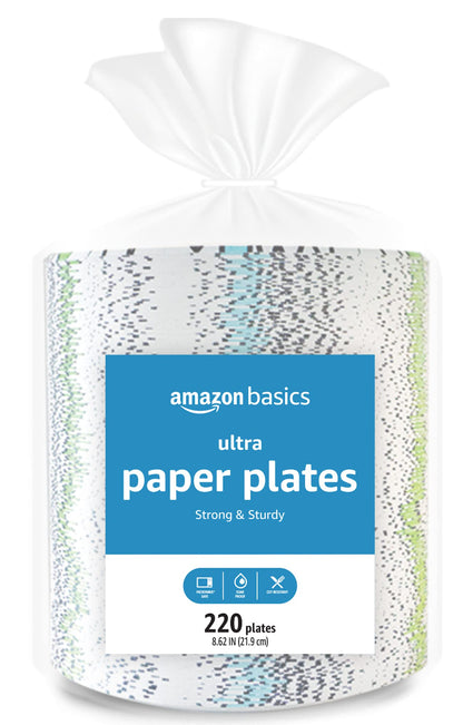 Amazon Basics Ultra Paper Plates, 9 Inch, Disposable, 880 Count (4 pack of 220), (Previously Encore)