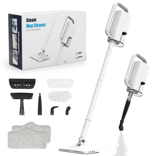 Steam Cleaner, 6 in1 Rotated Steam Mop Cleaner with 2 Modes, 2 Microfiber Pads, 400ML Removable Tank, 23FT Power Cable, Detachable Steam Mops for Floor, Laminate Floor, Tiles Cleaning (White)