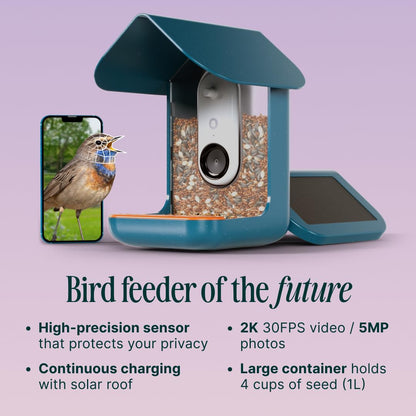 BIRD BUDDY® Original Solar Bird Feeder with Camera - AI Bird Species Identification, 5MP Photos, 2K HD+ Video Live Stream Camera, Solar-Powered Charging, 2.8in Focus - Blue