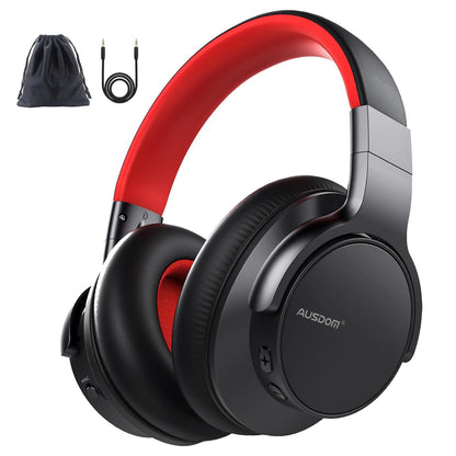 AUSDOM Bluetooth Noise Cancelling Headphones: E7 Wireless Over Ear ANC Headphones with Microphone, 50H Playtime, Hi-Fi Stereo Sound, Comfortable Earpads for Travel Work Adults, Black Red