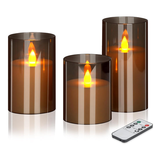 Flameless LED Candles with Remote Set of 3 Battery-Operated Acrylic Gray Pillars, 4", 5", 6" x 3" Diameter Flickering Effect with Timer Ideal for Home Décor Weddings Parties, Restaurants