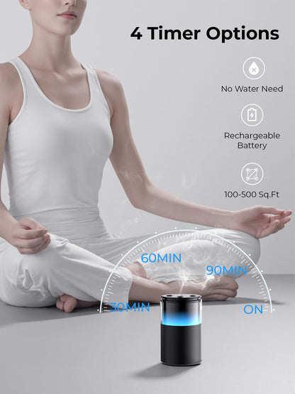 Pmsusoow Waterless Diffuser for Essential Oil: Mini Battery Scent Diffuser for Room&Home&Car with 9 Colors LED Light - Aroma Cool Mist Obsidian Black